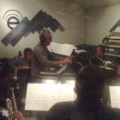 Arranger and musical director Nick Fryman conducting the big band for Susan Kohler’s “Just Harold” recording sessions at Theta Sound Studio